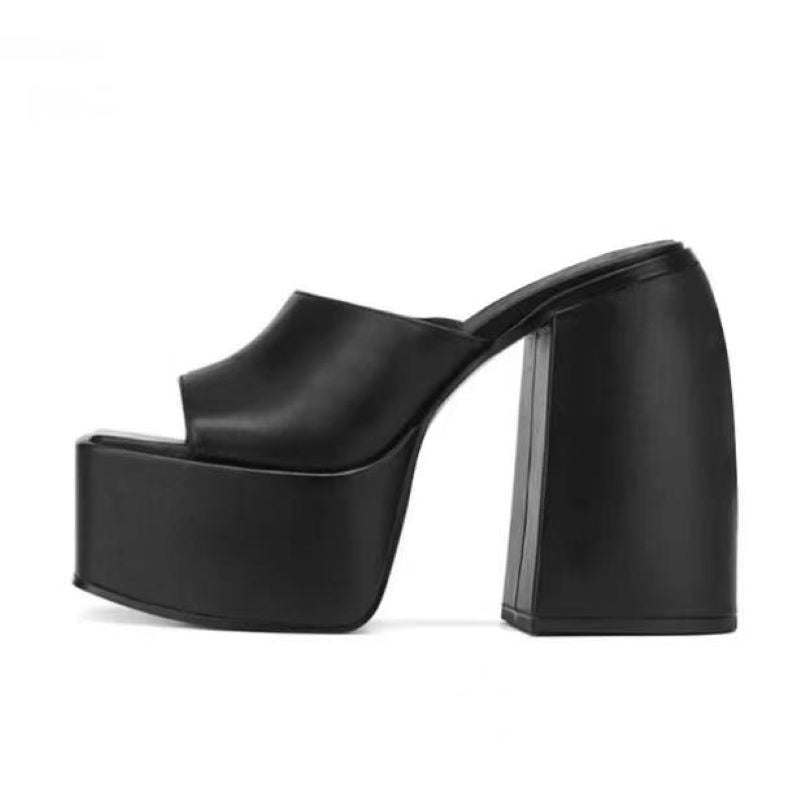 Ibty Collections Sandals Women US4.5/EU35 / Black Chunky Block Platform Heels Slides