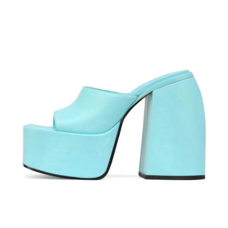 Ibty Collections Sandals Women US4.5/EU35 / Blue Chunky Block Platform Heels Slides