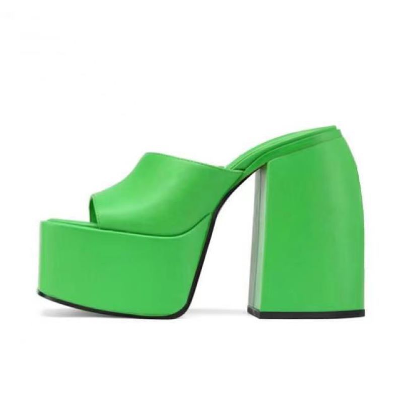 Ibty Collections Sandals Women US4.5/EU35 / Green Chunky Block Platform Heels Slides